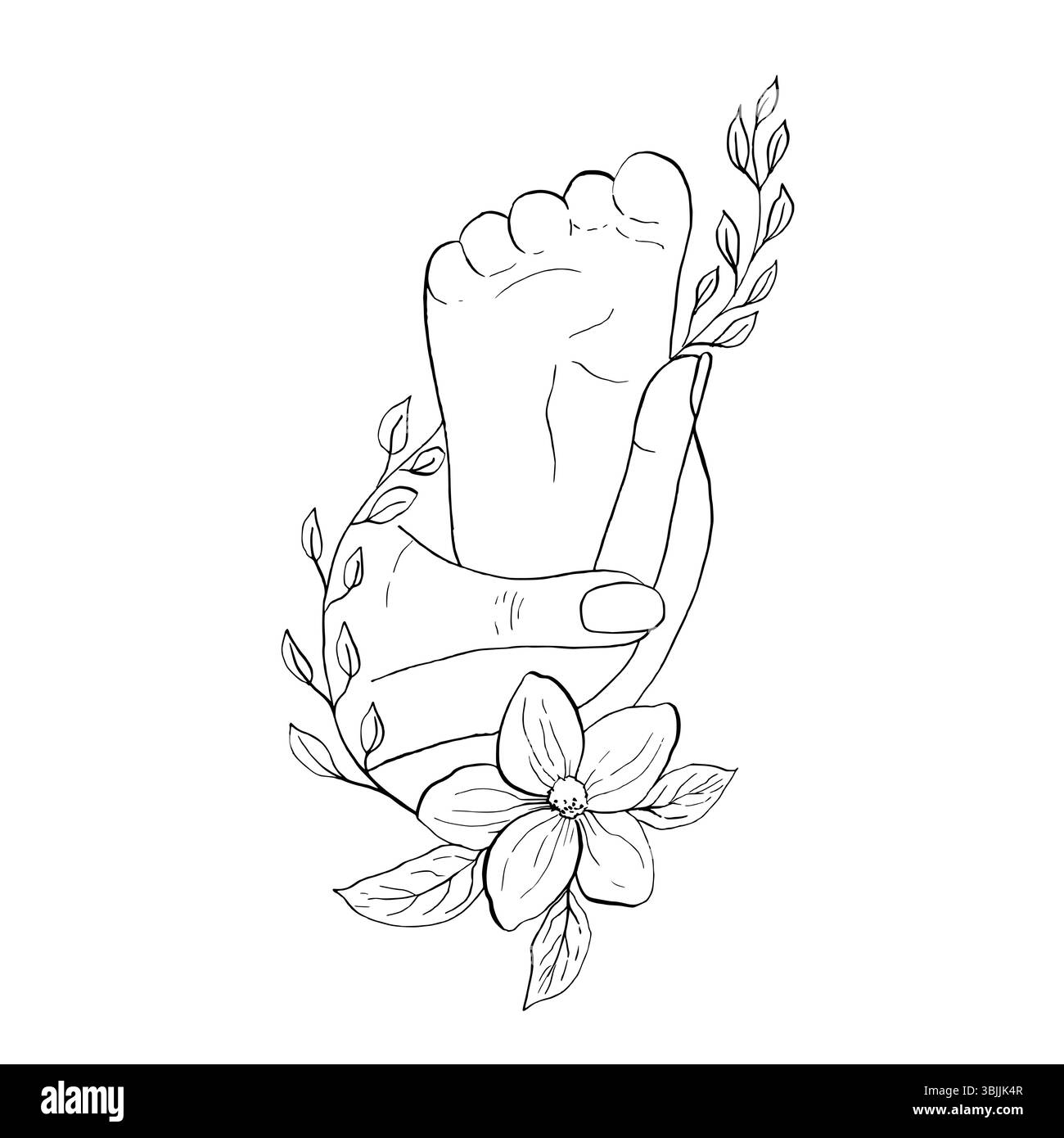 Illustrazione vettoriale. Genitore che tiene in mano i piedi del neonato. Contorno lineare dipinto a mano delicato ramoscello con foglie e fiori. Clipart grafico Illustrazione Vettoriale