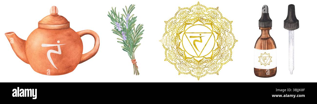 Un fascio di clipart acquerello sul tema del plesso solare di bilanciamento chakra. Teiera in terracotta, fiala di vetro di olio essenziale, rosmarino, giallo dorato Foto Stock