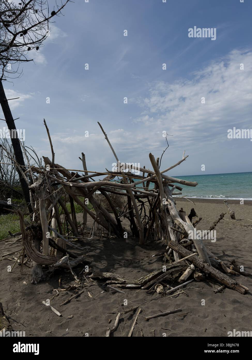 un mucchio di grosse scocche di sabbia bagnata sulla spiaggia, surf line all'orizzonte - Immagine stock catturata con smartphone