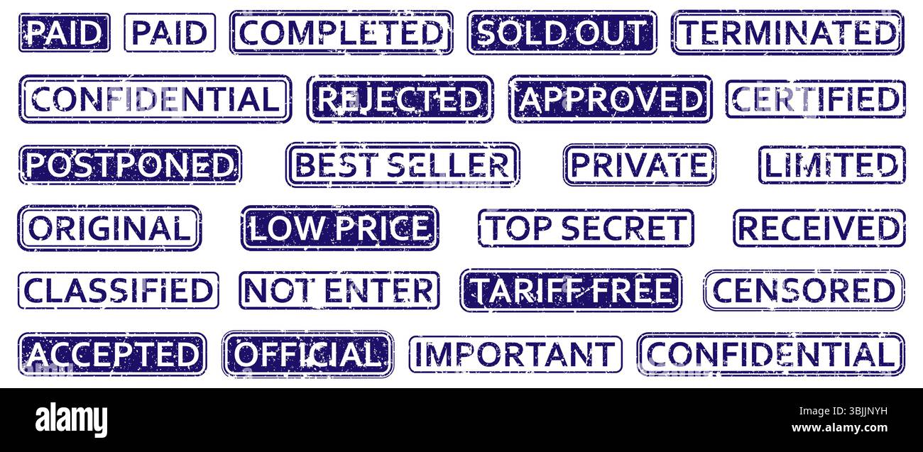 Set vettoriale di etichette in gomma blu con texture usurata e termini comuni per ufficio. Perfetto per documenti digitali, layout di stampa o elementi di progettazione UX. Una raccolta di timbri in gomma blu grunge con varie parole correlate all'azienda come Approved, Confidential e Rejected. Ideale per uffici, documenti e progetti amministrativi. Illustrazione Vettoriale