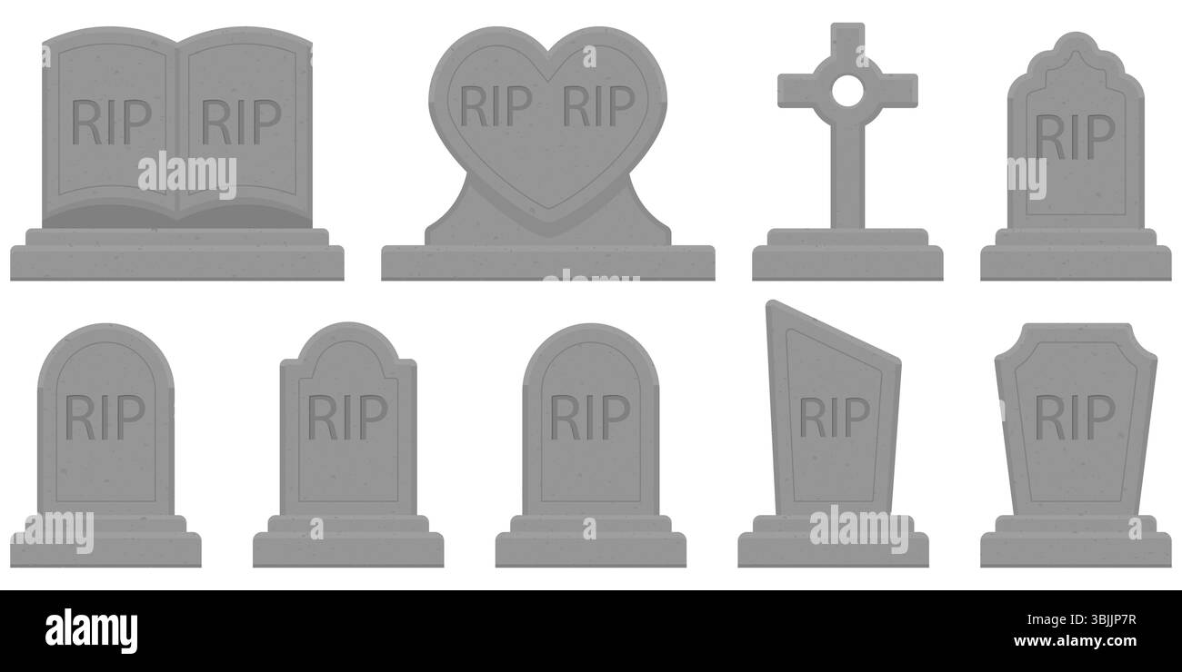 Collezione vettoriale di pietre tombali grigie con incisione RIP. Perfetto per grafica spettrale, All Souls Day o progetti a tema commemorativo. Set di icone per lapidi 3D grigie con iscrizioni RIP. Include varie forme di lapidi per Halloween, cimitero o funerali. Illustrazione Vettoriale