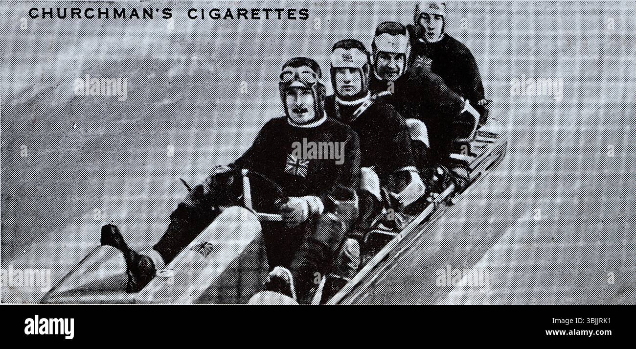 F.J. McEvoy, D. Locker, C.P. Green e A.E.W. Mackintosh, erano bobbisti britannici. Il 30 gennaio 1938 ha vinto il campionato mondiale di Bob per la Gran Bretagna a Garmisch Partenkirchen. Da una serie di carte da sigaretta chiamate The Kings of Speed che furono pubblicate nel 1939 dalla casa produttrice di tabacco W. A. & A. C. Churchman. Foto Stock
