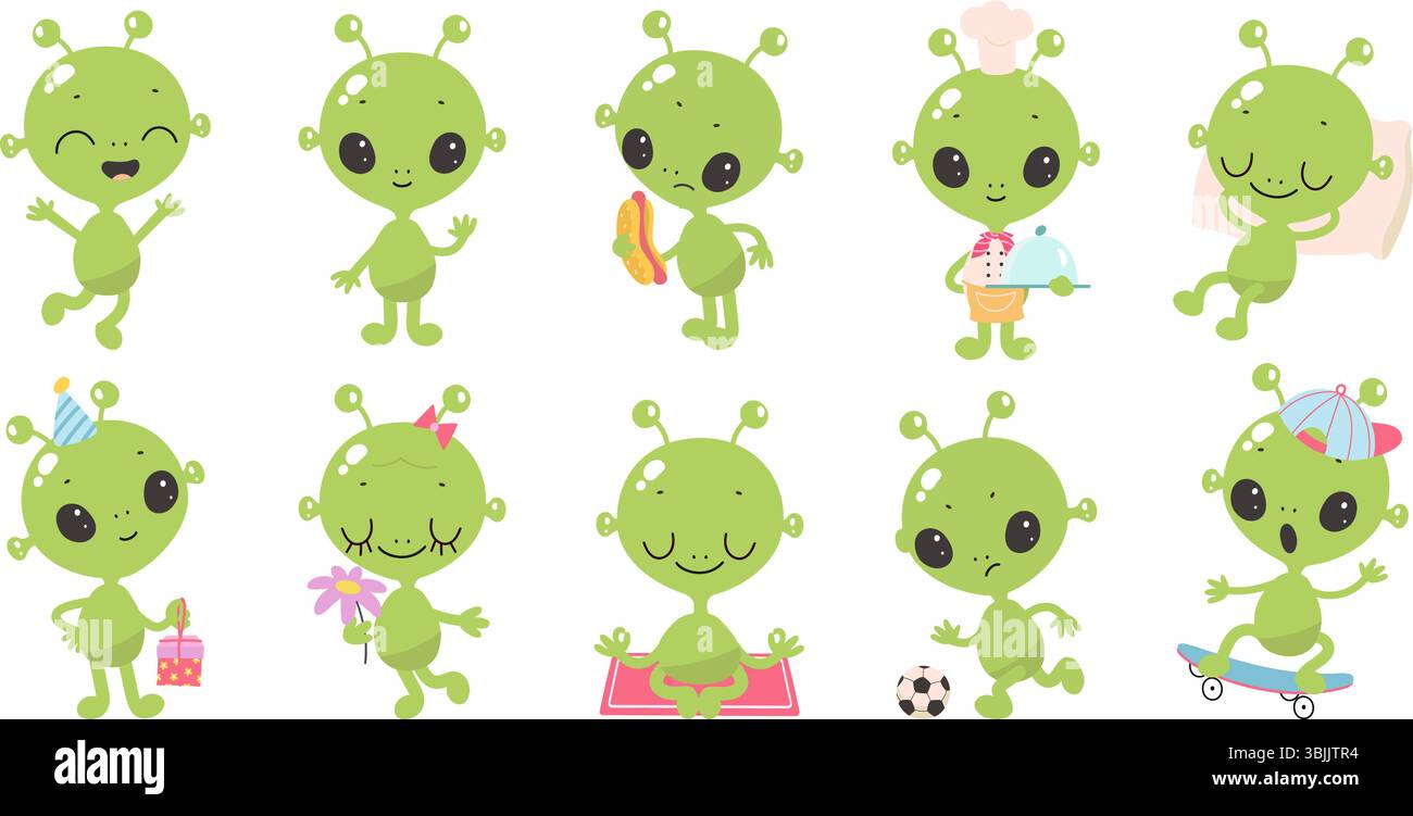 Alieni verdi cartoni animati. Alieno divertente in pose diverse, isolata simpatica gente ufo. Le creature spaziali cucinano, dormono, mangiano hot dog, meditano, vettoriali di neve Illustrazione Vettoriale