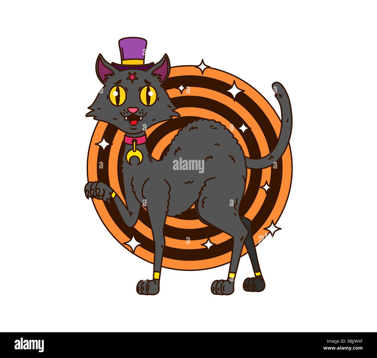 Personaggio cartoni animati nero di Halloween in cappello da strega per le vacanze, simbolo vettoriale. Divertente gatto nero con un sorriso felice sul viso per le vacanze di Halloween e un personaggio dei cartoni animati rétro Illustrazione Vettoriale