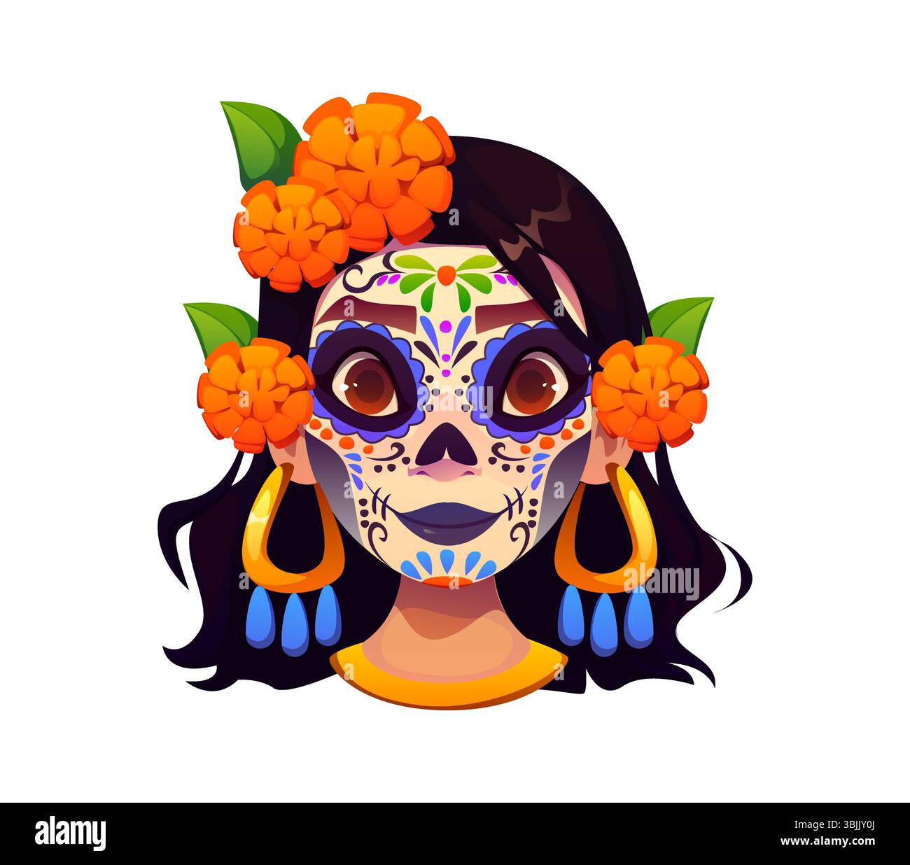 Il giorno della morte donna di vacanza carattere volto con trucco cranio di zucchero. Personaggio femminile messicano vettore cartoni animati con motivi floreali tradizionali dia de los muertos e vivaci fiori di calendula nei capelli Illustrazione Vettoriale