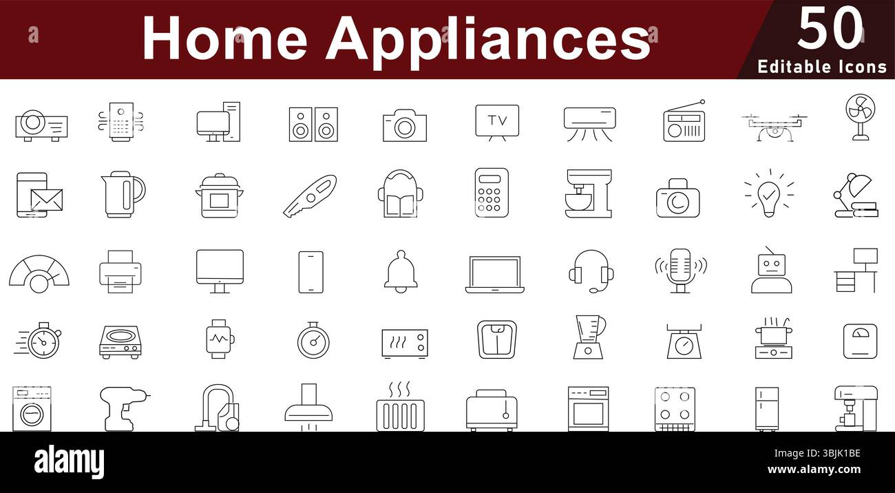 Pacchetto di icone di elettrodomestici e vettoriali Smart Electronics con cucina e dispositivi domestici - 50 icone di linea modificabili minime Illustrazione Vettoriale