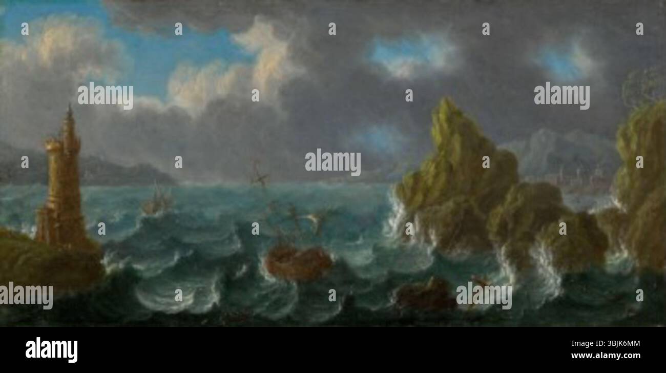 La pittura a olio su rame di Juan Ruiz mostra una costa rocciosa con acque instabili, catturando elementi naturali costieri con pennellate dettagliate. Foto Stock