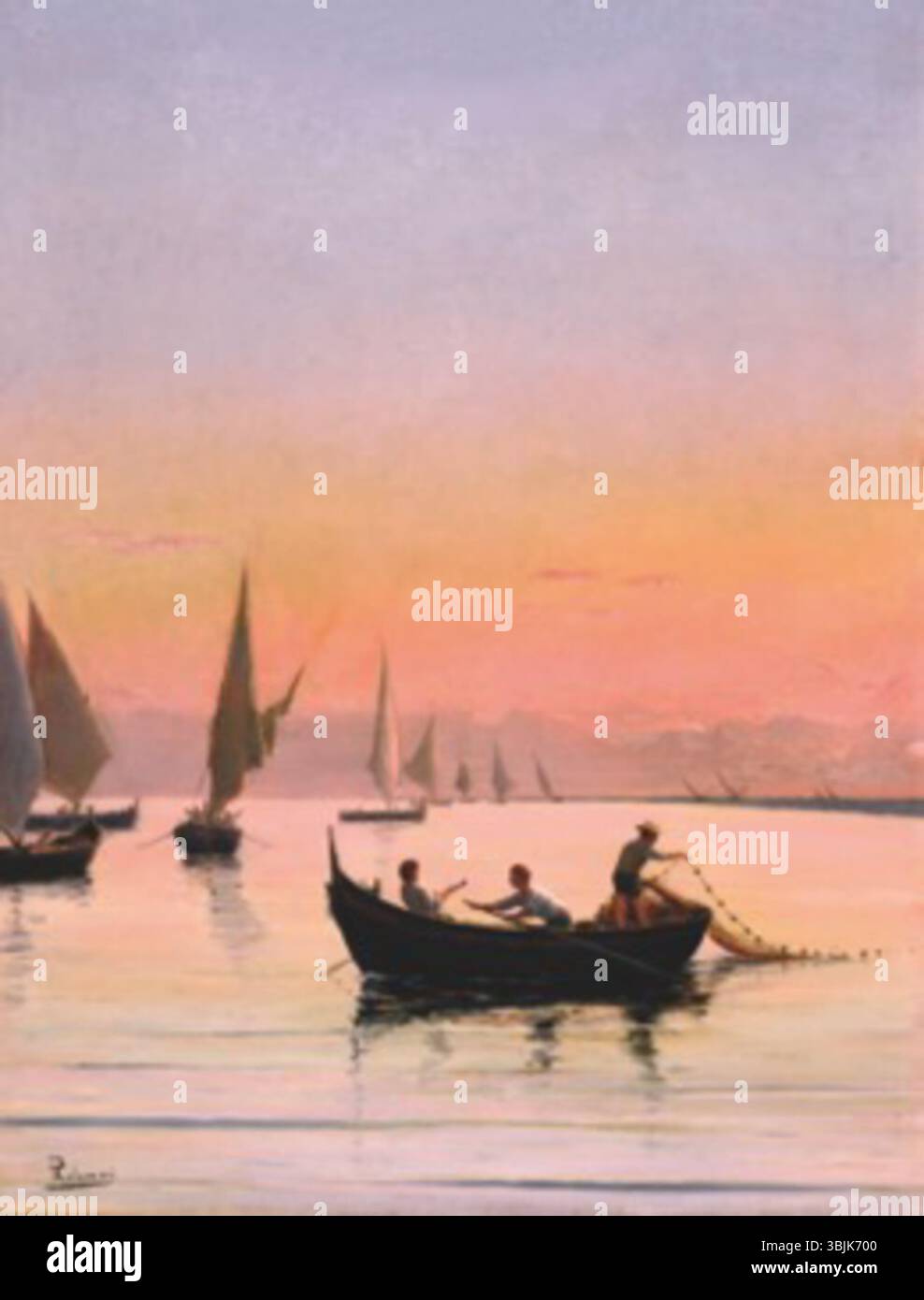 "La sciabica" di Pasquale Celommi (1851-1928) raffigura una tradizionale scena di pesca italiana. Il dipinto cattura il momento della pesca con una rete a sciabica, mostrando l'ambiente naturale circostante e l'interazione tra i pescatori e il mare. Il pezzo riflette la maestria di Celommi nel catturare paesaggi italiani e la vita rurale. Foto Stock