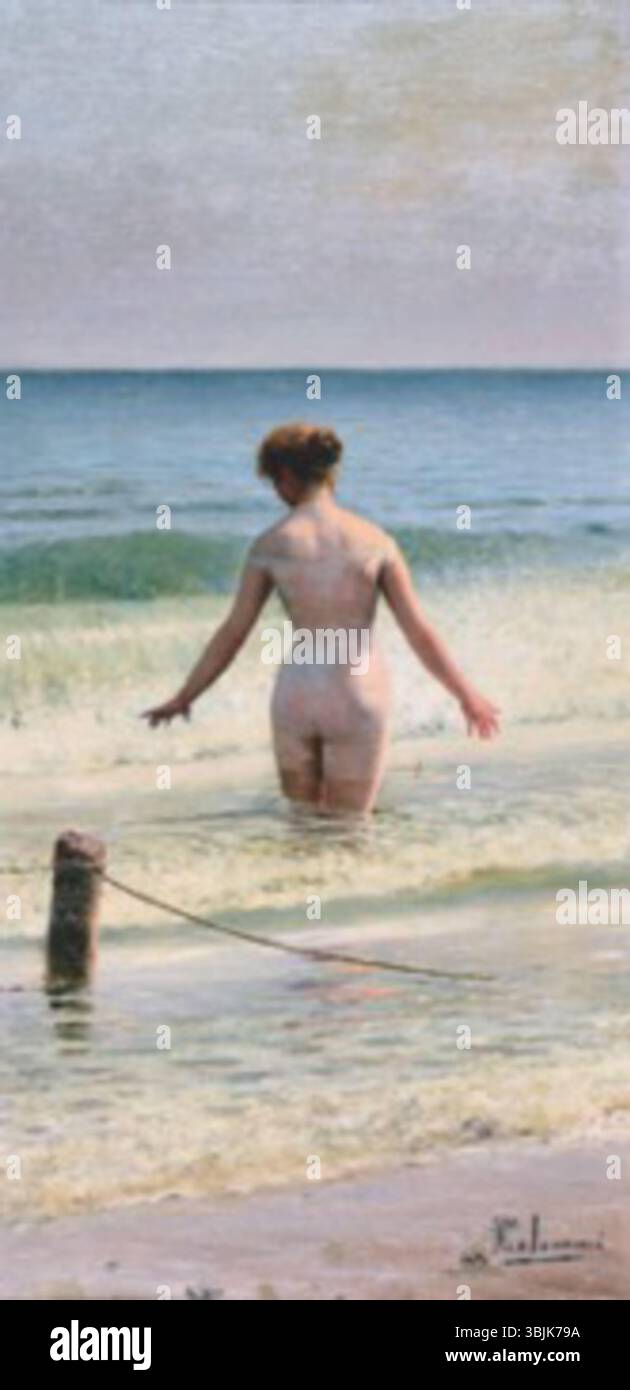 "Bagnante" di Pasquale Celommi, dipinto nel 1897, raffigura una donna che si bagna da un corpo d'acqua. Il dipinto mostra l'abilità di Celommi nel rendere la figura umana e catturare la bellezza dell'ambiente naturale. Foto Stock