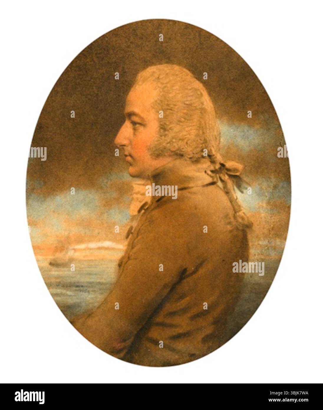 "Portrait of Captain James Monro" (1789) di John Downman cattura l'ufficiale di marina di profilo, su uno sfondo marino. L'acquerello e il gesso in formato ovale dimostrano l'abilità di Downman nel combinare i dettagli raffinati con la tecnica artistica. Foto Stock