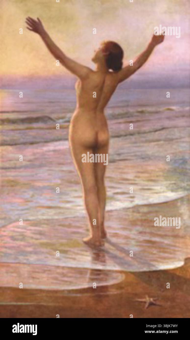 Il *saluto all'aurora* di Pasquale Celommi (1909) è un dipinto che raffigura una figura che saluta l'alba. L'opera riflette il legame simbolico tra gli esseri umani e il mondo naturale, con una luce soffusa che riempie la scena. Foto Stock