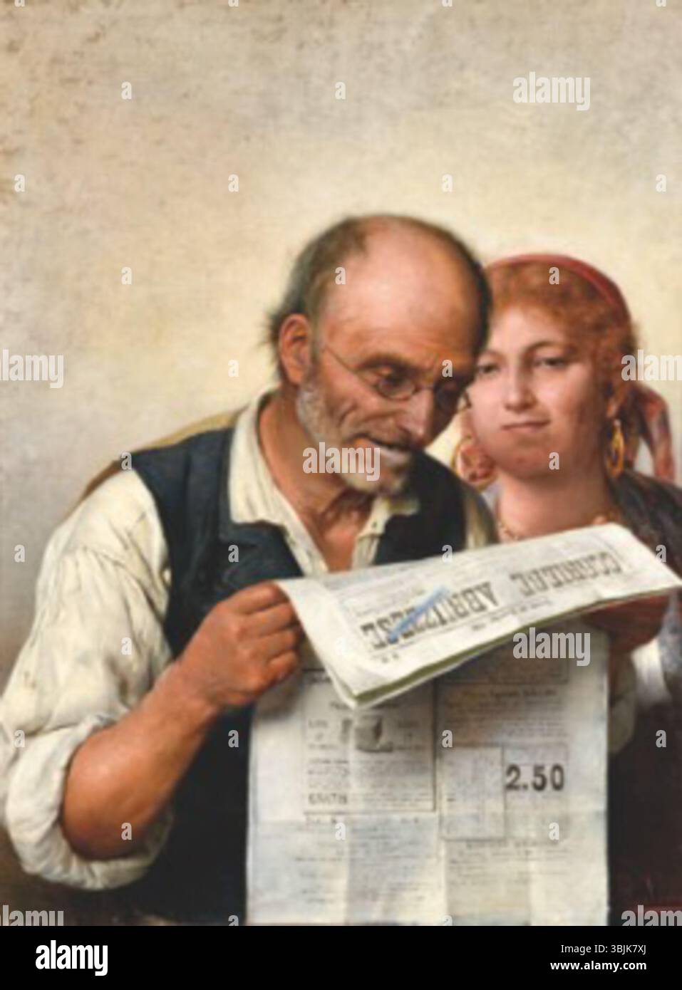 *La buona notizia* (1891) di Pasquale Celommi illustra il momento di fornire buone notizie. Il dipinto cattura la gioia e il sollievo emotivo associati alla ricezione di notizie positive, ritratti attraverso figure espressive e realismo dettagliato. Foto Stock