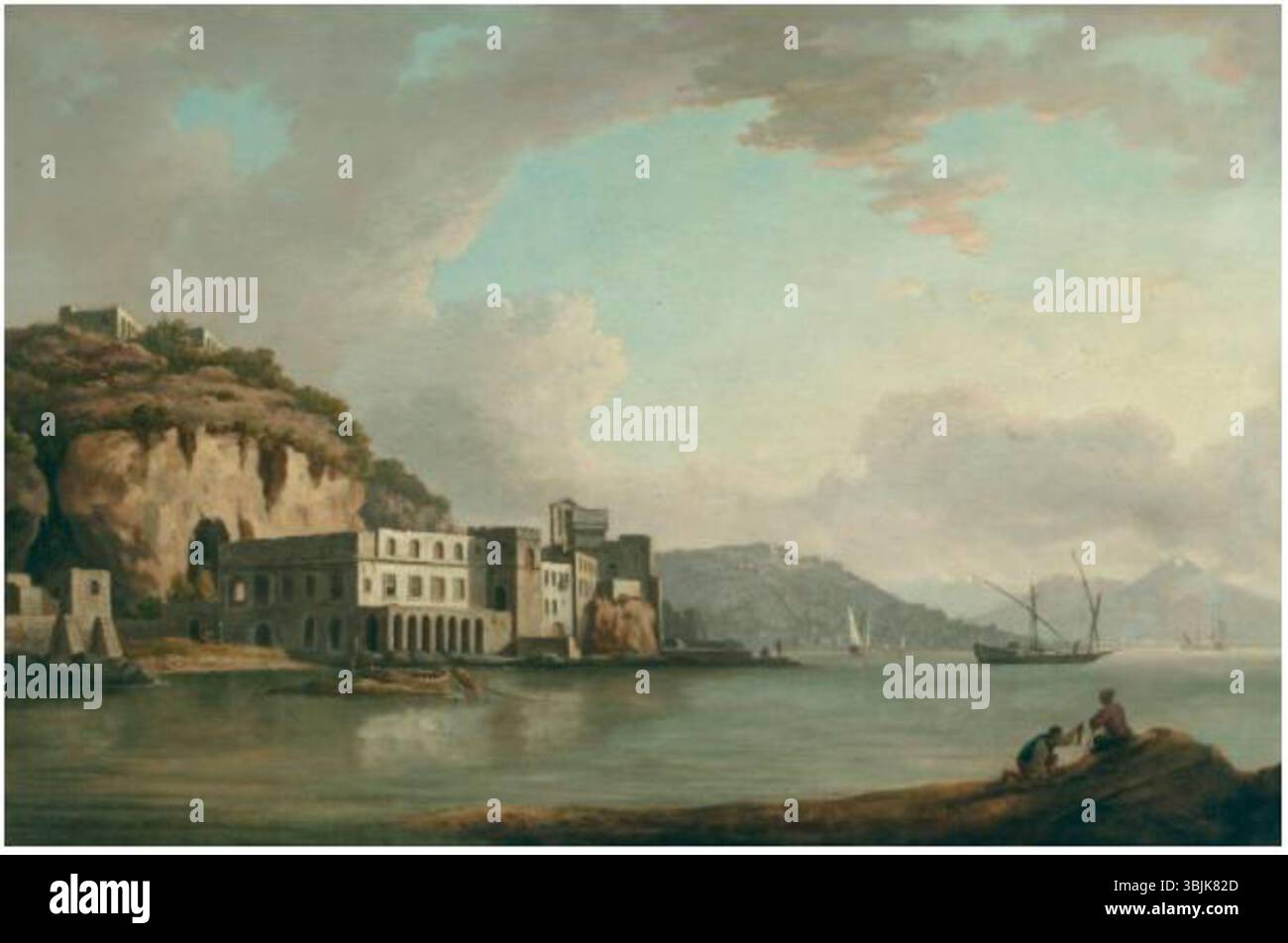Il dipinto ad olio di William Marlow "il Golfo di Napoli con Santa Maria degli Angeli" raffigura un paesaggio sereno del Golfo di Napoli con la chiesa di Santa Maria degli Angeli sullo sfondo. Il dipinto è un esempio di arte paesaggistica britannica del XVIII secolo. Foto Stock