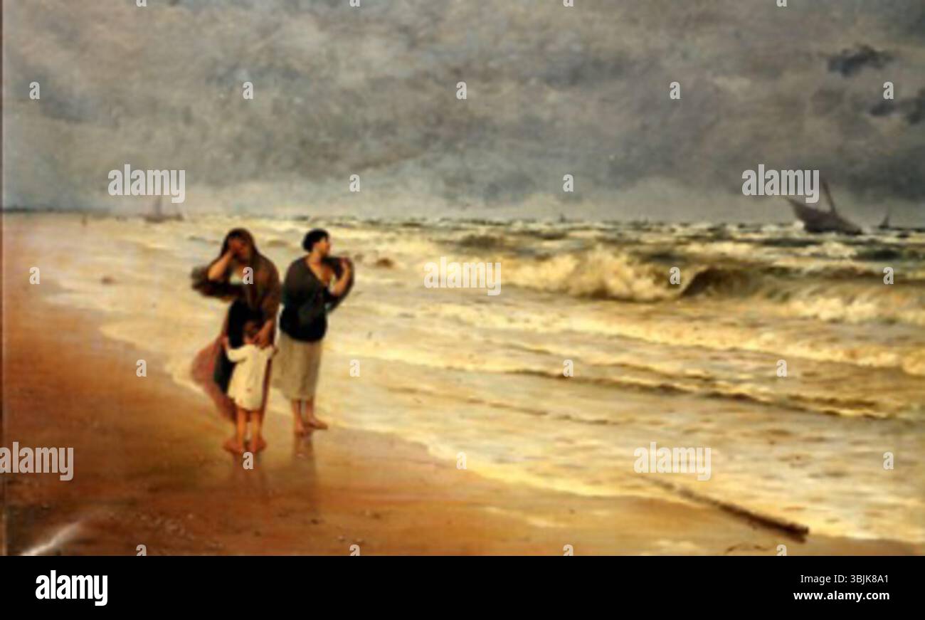 "Burrasca" (1910) di Pasquale Celommi raffigura una potente scena di tempesta, con cieli drammatici e mari turbolenti. L'artista utilizza audaci pennellate per trasmettere l'intensità e l'emozione della tempesta, rendendolo un esempio sorprendente del suo stile dinamico. Foto Stock