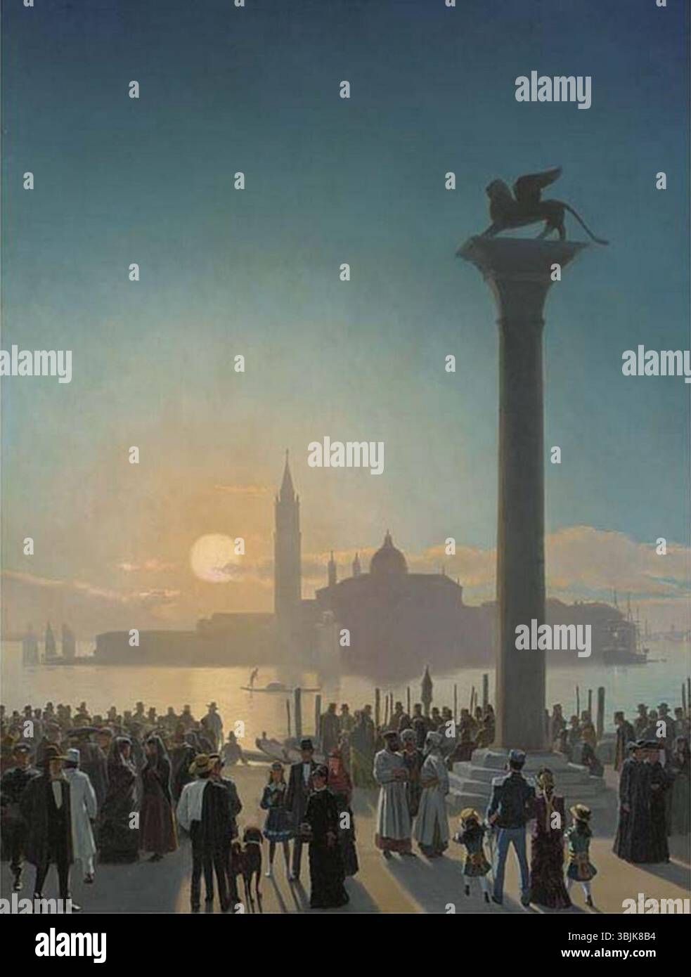 "Solnedgang Over Venedig med talrige personer på Marcuspladsen" di Nilaus Fristrup (1878) è un dipinto ad olio che raffigura un tramonto su Venezia con numerose figure riunite in Piazza San Marco. Il dipinto cattura la bellezza iconica della città al crepuscolo. Foto Stock