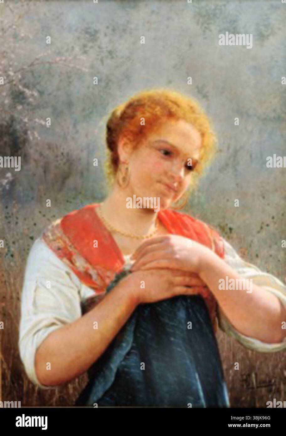 *Il segreto* (1898) di Pasquale Celommi è un dipinto ad olio che ritrae un momento di intimità o di riflessione personale. Lo sguardo e la postura del soggetto evocano un senso di mistero e segretezza, incapsulando l'abilità di Celommi nell'espressione emotiva attraverso il suo realismo dettagliato. Foto Stock