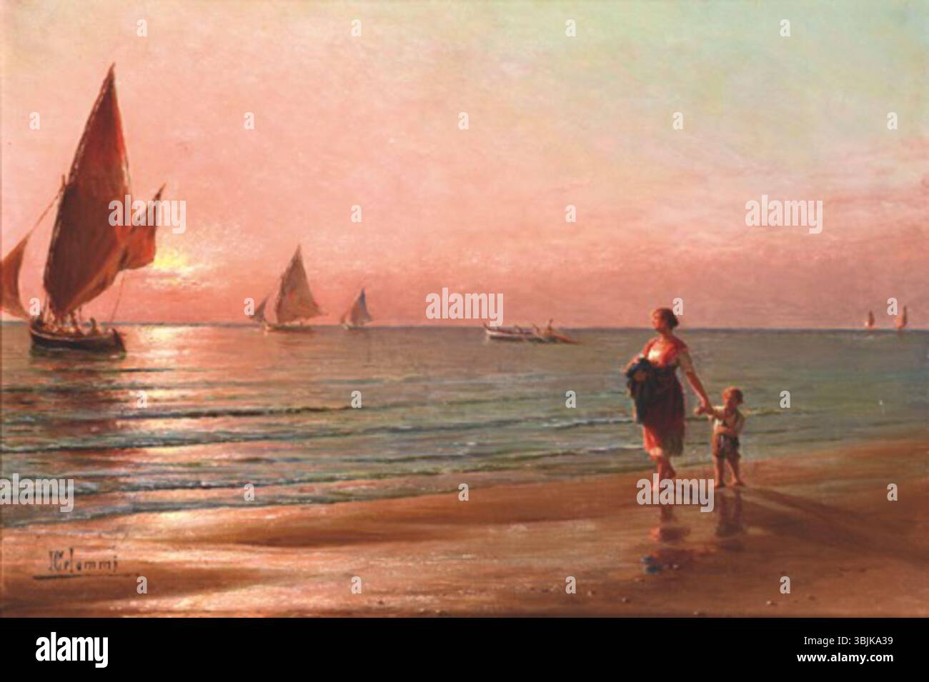 "Partenza della lancetta" di Pasquale Celommi è un dipinto ad olio che raffigura una barca che parte da un molo, catturando il momento della partenza con ricchi dettagli e pennellate dinamiche. Foto Stock