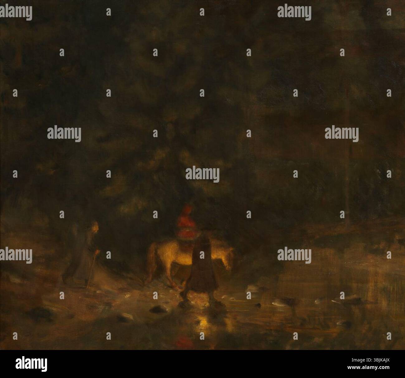 Il volo attraverso la foresta di Erik Werenskiold (1903) cattura il momento di fuga all'interno di una fitta foresta. Il lavoro a olio su tela ritrae la tensione della scena attraverso pennellate dinamiche ed effetti atmosferici. Foto Stock