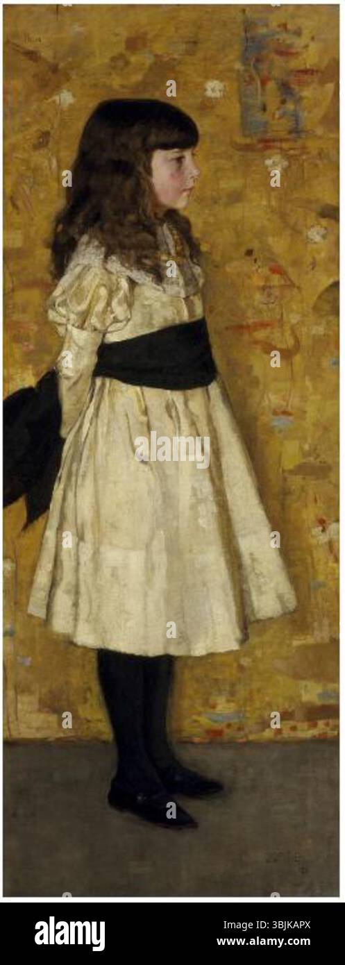 *Margaret Helen Sowerby* di James Guthrie (1859-1930), dipinto nel 1882, è un ritratto della moglie dell'artista. L'olio su tela cattura un momento tranquillo e intimo, con Sowerby raffigurato in una posa premurosa ed espressioni sottili, concentrandosi sulla sua personalità e grazia. Foto Stock