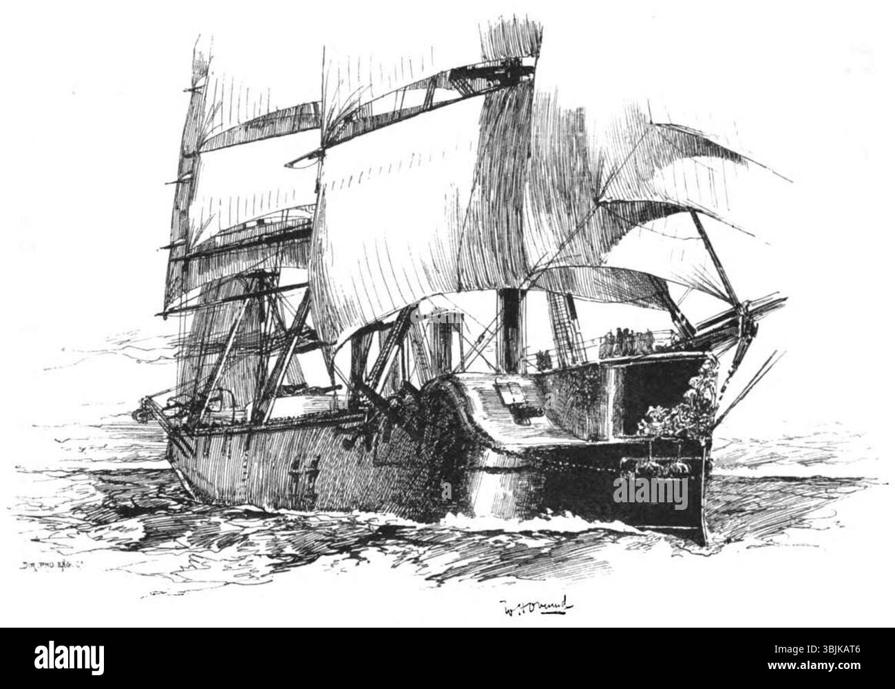 Questa illustrazione mostra un incrociatore corazzato rapido in movimento, che combina sia la propulsione a vapore che quella a vela. Fu progettato per la velocità e la manovrabilità, cruciale per le operazioni navali durante il XIX secolo. Foto Stock