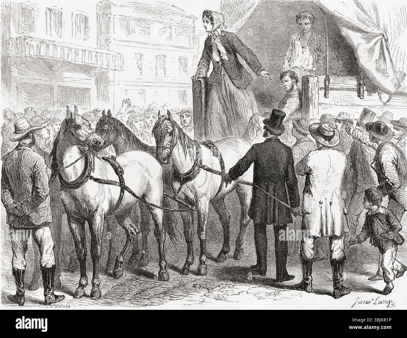La moglie di Doy aranga la gente di Platte City, Missouri, Stati Uniti, 1859. John Doy, abolizionista e membro degli Immortal Ten, un gruppo di abolizionisti militanti e liberali nel territorio del Kansas. Da Adventures of an Abolitionist from Kansas in Missouri, di Doctor John Doy, 1855. Apparso in le Tour du Monde, pubblicato nel 1862. Foto Stock