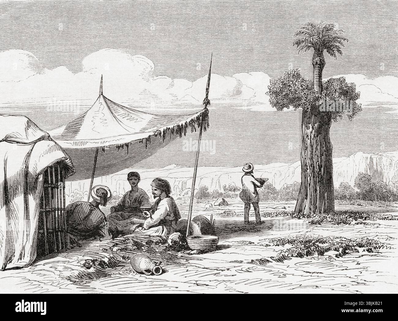 Albero di fico sormontato da una palma tra il popolo Dinka, Sud Sudan, Africa orientale, XIX secolo. Dal viaggio al fiume delle Gazzelle, noto anche come al-Ghazāl River, Bahr el-Ghazal, Sud Sudan, Africa orientale di A. Bolognesi, 1856-1857. Apparso in le Tour du Monde, pubblicato nel 1862. Foto Stock