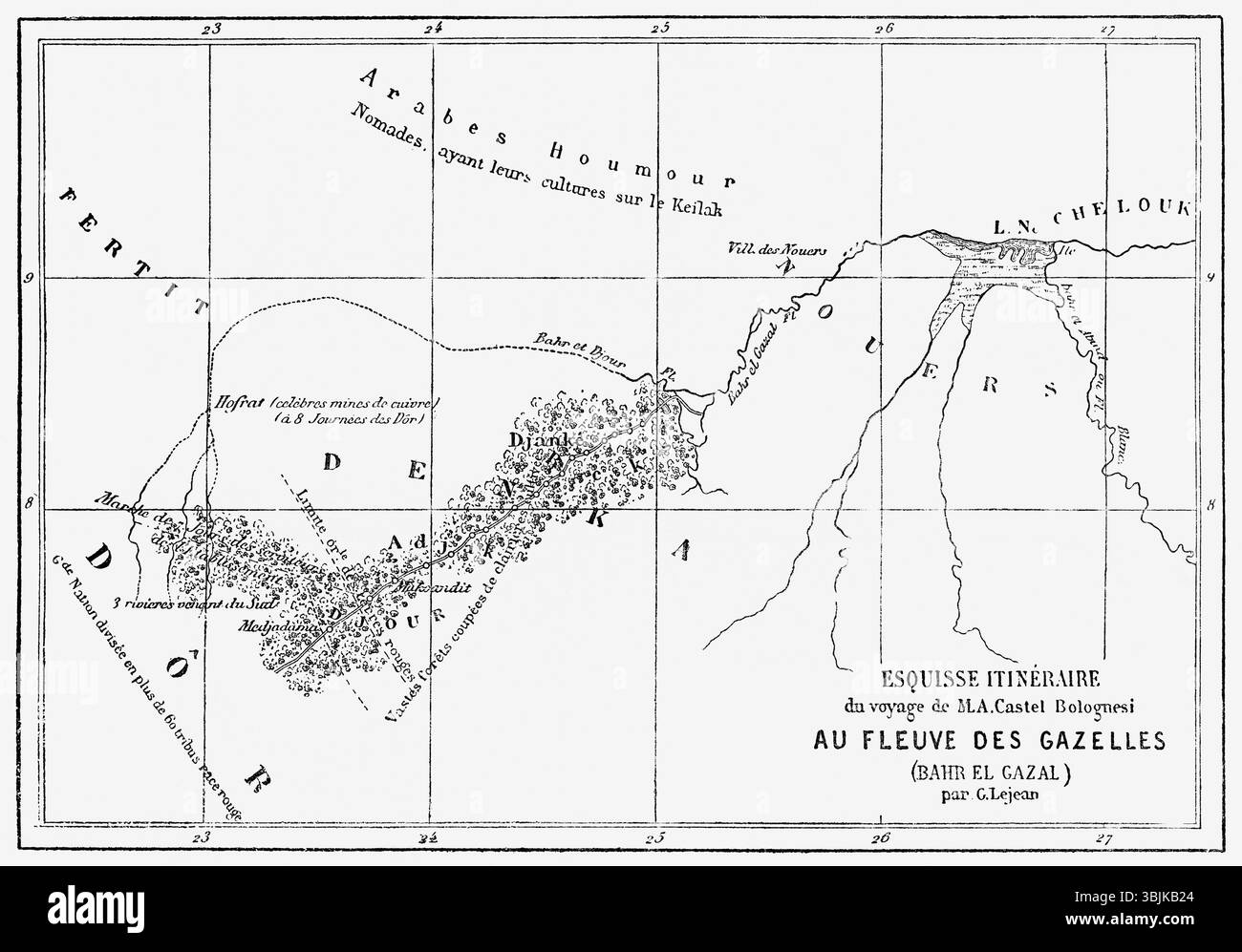 Descrizione dell'itinerario di viaggio del viaggio verso il fiume delle Gazzelle, noto anche come al-Ghazāl, Bahr el-Ghazal, Sud Sudan, Africa orientale con Un bolognesi, 1856-1857. Apparso in le Tour du Monde, pubblicato nel 1862. Foto Stock