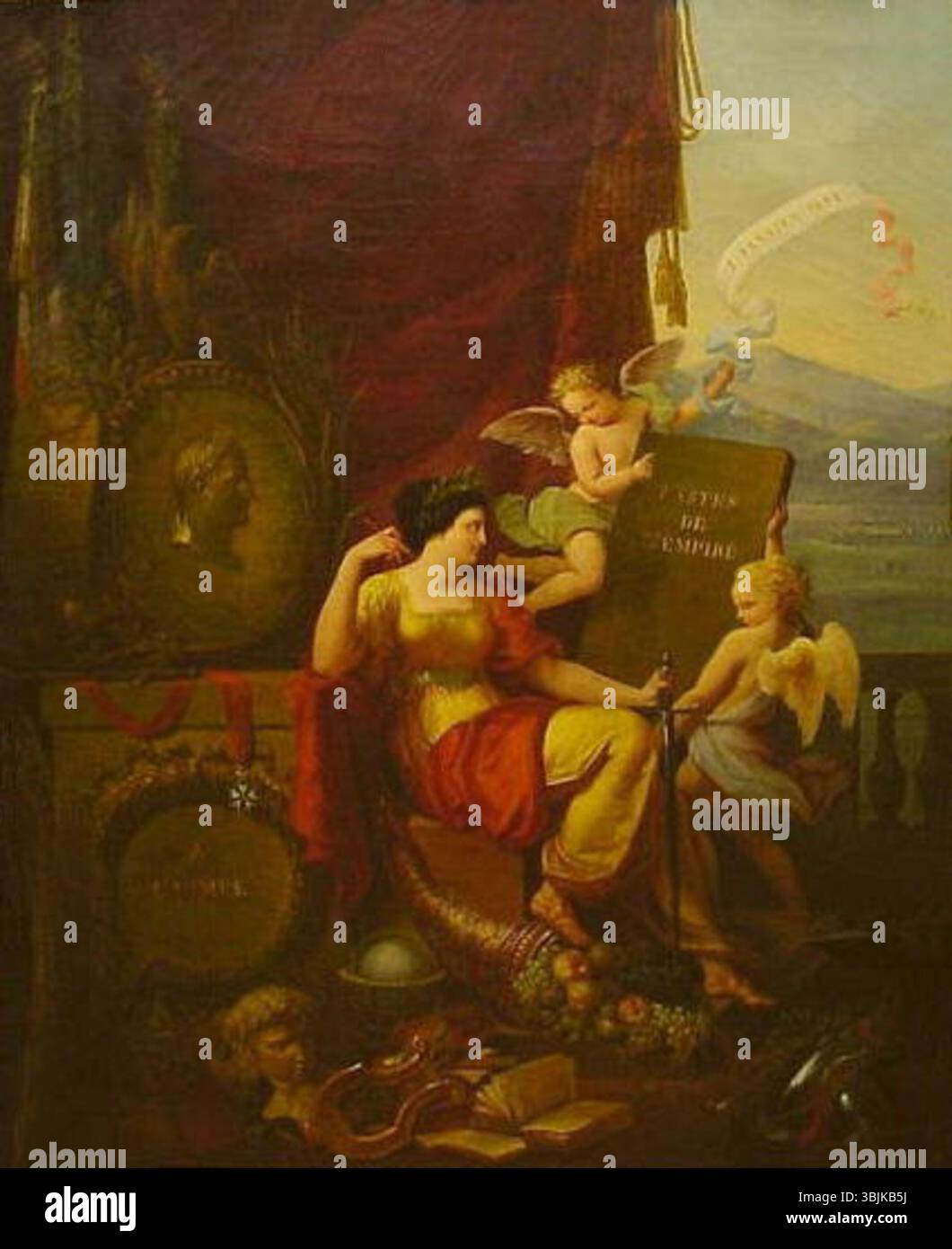 "Allegoria del secondo Impero" (circa 1852-1854) di Jean-Baptiste Goyet è un dipinto ad olio che ritrae l'atmosfera politica e culturale del secondo Impero francese. La composizione allegorica utilizza simboli per riflettere sugli ideali e le lotte dell'epoca. Foto Stock