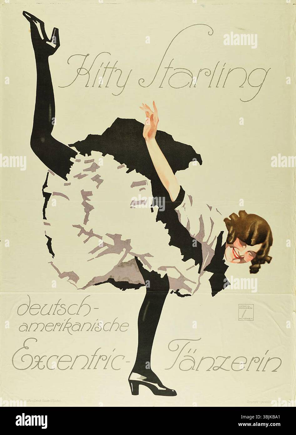 Kitty Starling, una ballerina eccentrica tedesco-americana, è ritratta in questa litografia del 1914 da Ludwig Hohlwein. L'immagine cattura il suo movimento energico e dinamico, concentrandosi sulla sua posa drammatica. Foto Stock