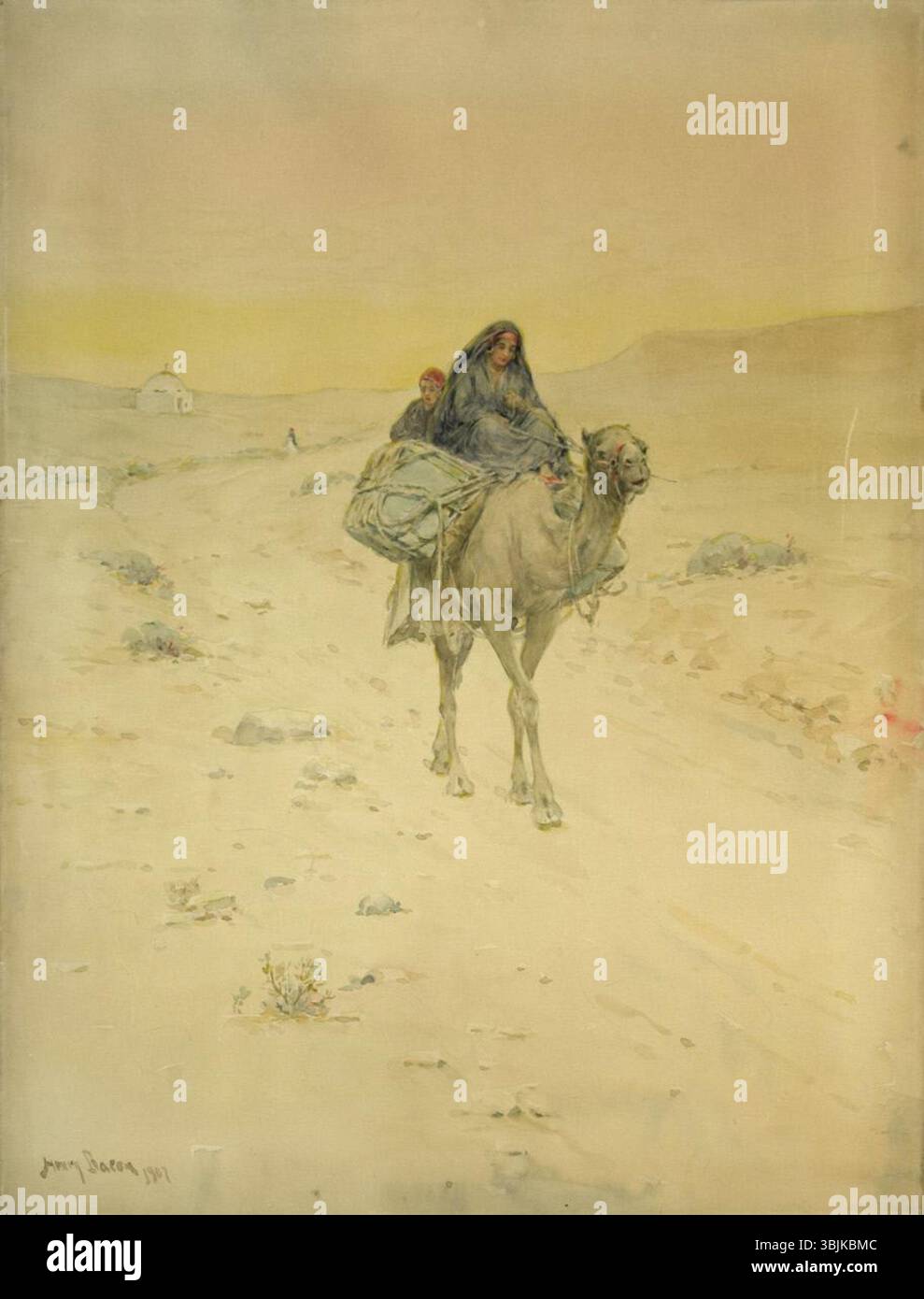 "Il crepuscolo nel deserto" di Henry Bacon (1907) ritrae un suggestivo paesaggio desertico al crepuscolo. Il dipinto cattura i colori mutevoli del cielo e il vasto e tranquillo ambiente desertico, caratteristico dello stile paesaggistico di Bacon, con luce soffusa e terreno esteso. Foto Stock