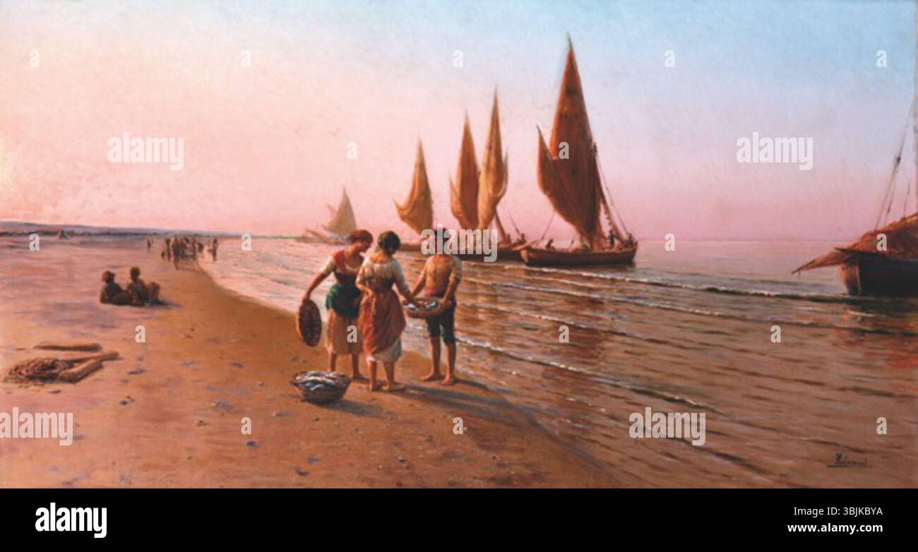 *Ritorno dalla pesca* (data sconosciuta) di Pasquale Celommi mostra i pescatori di ritorno dal mare. Il dipinto trasmette il lavoro e il ritmo della vita costiera, illustrando il legame tra l'uomo e il mare con vividi dettagli naturali. Foto Stock