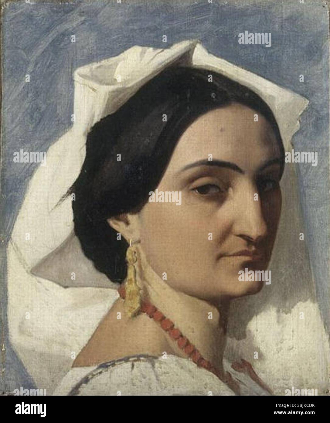 "Tête d'Italienne" (1854) di Gustave Boulanger è uno studio dettagliato della testa di una donna italiana, che cattura l'essenza della ritrattistica italiana con la caratteristica attenzione di Boulanger alla consistenza e all'espressione. L'opera riflette la sua abilità nel ritrarre la bellezza e il realismo classici. Foto Stock