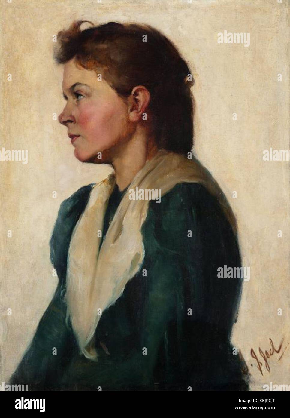 Grace Joel (1865–1924) dipinse 'Girl with Scarf' intorno al 1896, un olio su tela che mostra una figura femminile con una sciarpa in un ritratto interiore attenuato. Foto Stock