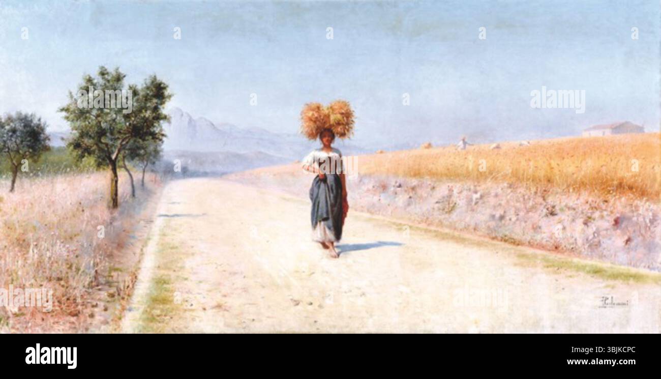 La *Estate* di Pasquale Celommi (1901) è un dipinto che raffigura la serena bellezza della campagna italiana durante la stagione estiva. Il lavoro cattura i toni caldi e l'atmosfera tranquilla tipica dei paesaggi rurali. Foto Stock