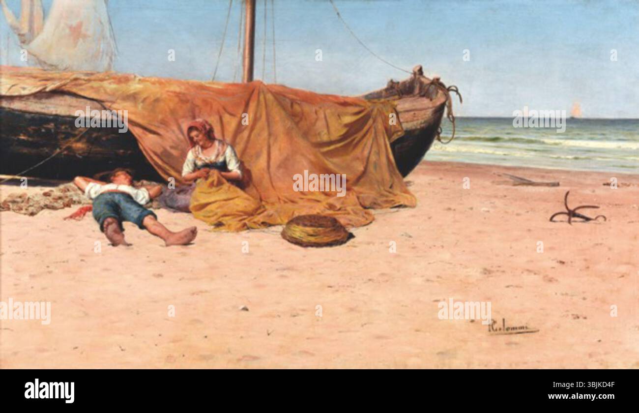 "Meriggio in riva al mare" (1900 circa) raffigura una scena di mezzogiorno in riva al mare, con luce soffusa e onde tranquille. Celommi cattura la tranquilla bellezza del paesaggio costiero, usando luce e colori per trasmettere la serenità del momento. Foto Stock