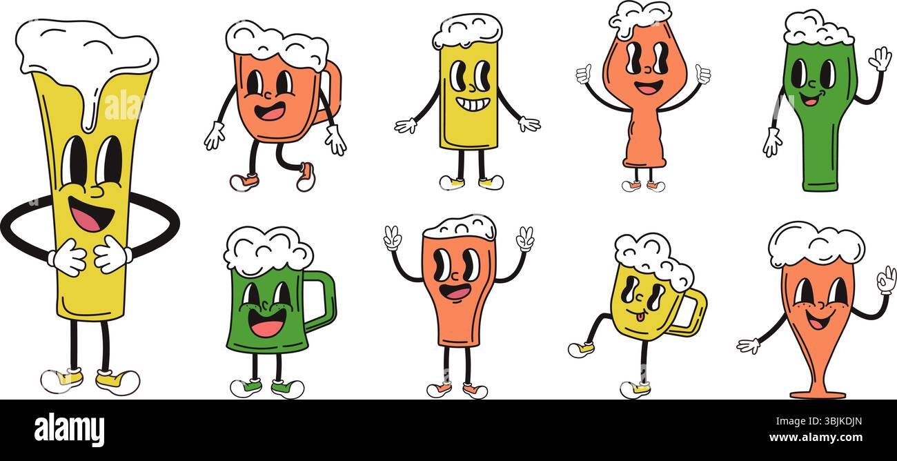 Caratteri da birra. Bicchieri, tazze e tazze positivi con bevande schiumose. Carattere insolito, bevande divertenti da bar stile retrò, set vettoriale di oggi Illustrazione Vettoriale