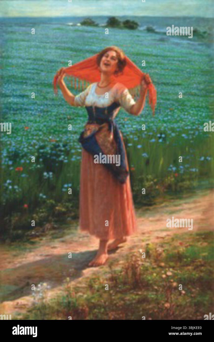 "Canto d'amore" di Pasquale Celommi raffigura una figura che canta una canzone d'amore, probabilmente in un ambiente rurale italiano. Il dipinto cattura l'atmosfera romantica e poetica, con un focus sull'atto del canto come forma di espressione emotiva. L'opera riflette la dedizione di Celommi a ritrarre la bellezza dell'amore e della natura. Foto Stock