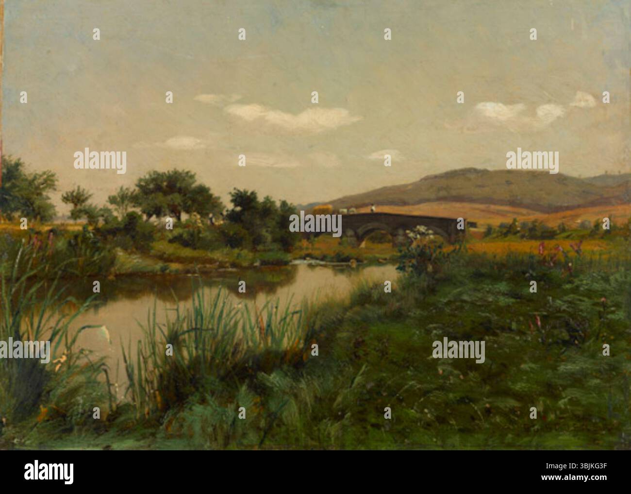 "Maastik sillaga" (paesaggio con ponte) di Eduard Spörer (1841-1898) è un dipinto di paesaggio che presenta un ponte su un corpo d'acqua. L'opera utilizza carta e olio per catturare la serena scena naturale, sottolineando l'armonia tra la costruzione umana e la natura. Foto Stock