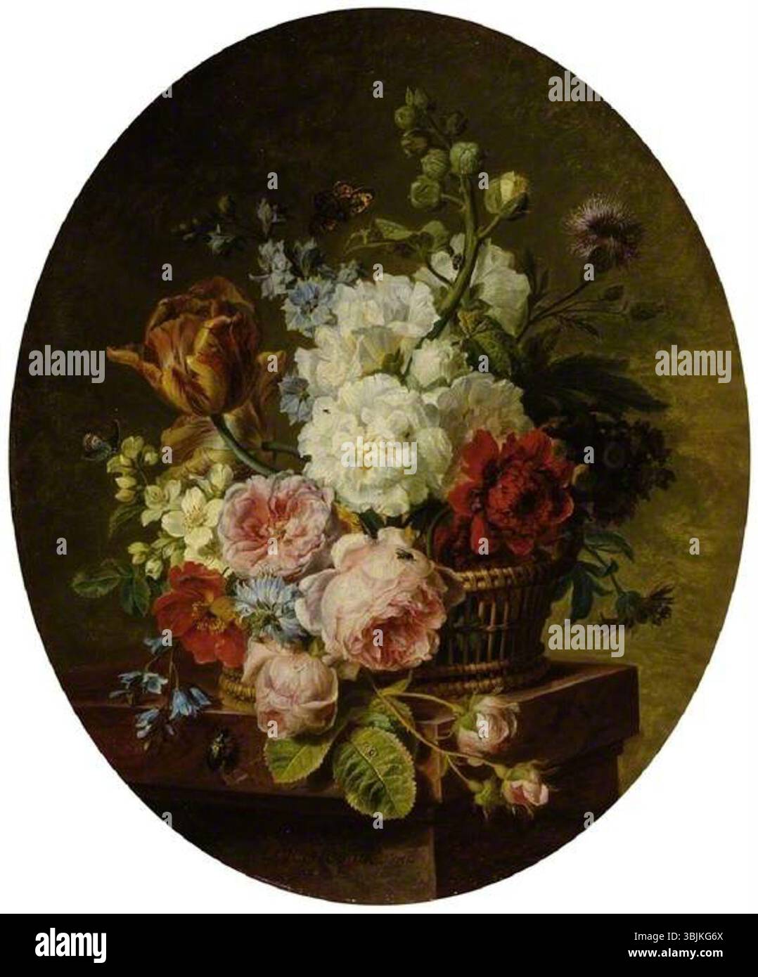Van Spaendonck, Cornelis; cesto aperto di vimini di fiori misti, compresi tulipani, rose, campanello, hollyhock, poppy, larkspur e auricula su una sporgenza di marmo; il Fitzwilliam Museum; http://www.artuk.org/artworks/open-wicker-basket-of-mixed-flowers-including-tulip-roses-harebell-hollyhock-poppy-larkspur-and-auricula-on-a-marble-ledge-5044 Foto Stock Van Spaendonck, Cornelis; cesto aperto di vimini di fiori misti, compresi tulipani, rose, campanello, hollyhock, poppy, larkspur e auricula su una sporgenza di marmo; il Fitzwilliam Museum; http://www.artuk.org/artworks/open-wicker-basket-of-mixed-flowers-including-tulip-roses-harebell-hollyhock-poppy-larkspur-and-auricula-on-a-marble-ledge-5044 Foto Stock