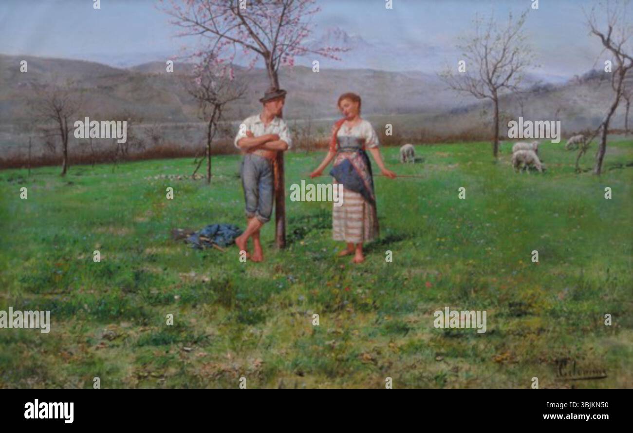 *Idillio campestre* di Pasquale Celommi (1851-1928) è un dipinto ad olio su tela, raffigurante un tranquillo paesaggio rurale, catturando la serenità e la bellezza della natura. L'opera riflette l'attenzione dell'artista per i dettagli e l'uso della luce nella pittura del paesaggio. Foto Stock
