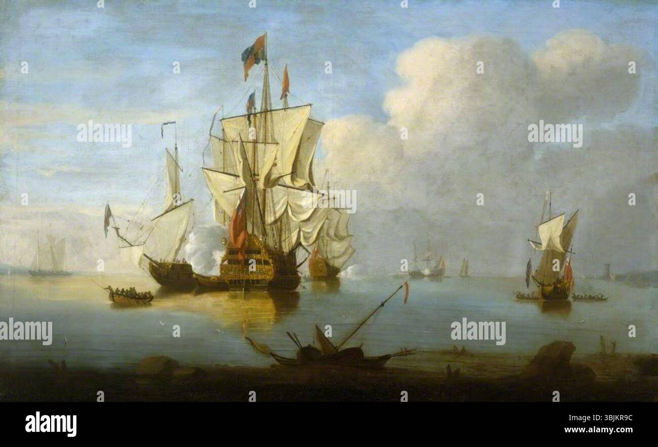 Monamy, Peter; A Man-of-War sparando a salute in a calm; National Trust, Plas Newydd; http://www.artuk.org/artworks/a-man-of-war-firing-a-salute-in-a-calm-102109 Foto Stock