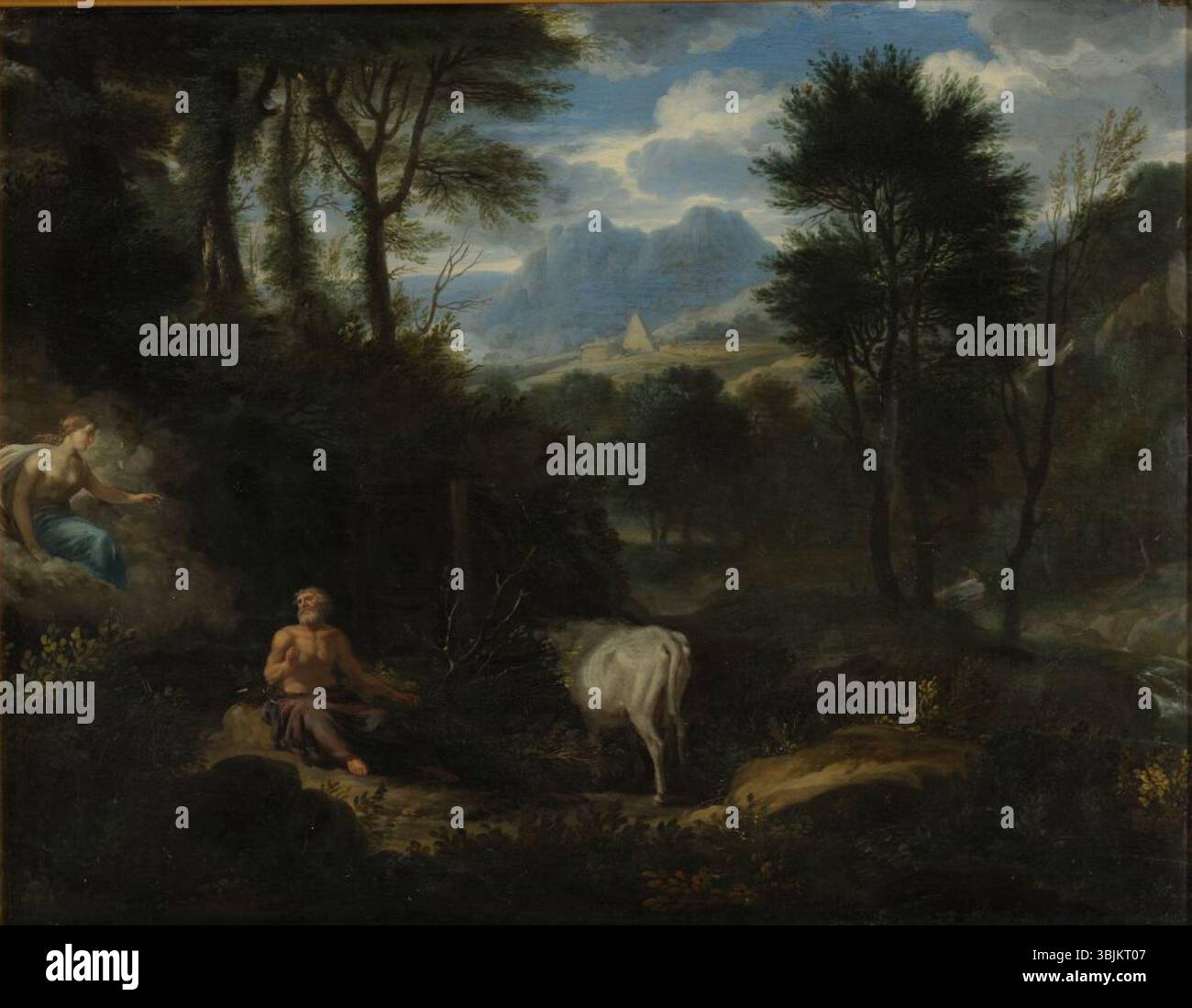 "Mütoloogiline stseen Hera, Zeus ja io" (scena mitologica con era, Zeus e io) di Johannes Gottlieb Glauber, dipinta tra il 1675 e il 1699, raffigura gli dei greci era e Zeus con io, basata sull'antica mitologia. L'olio sul legno cattura il dramma di questa narrazione mitologica. Foto Stock