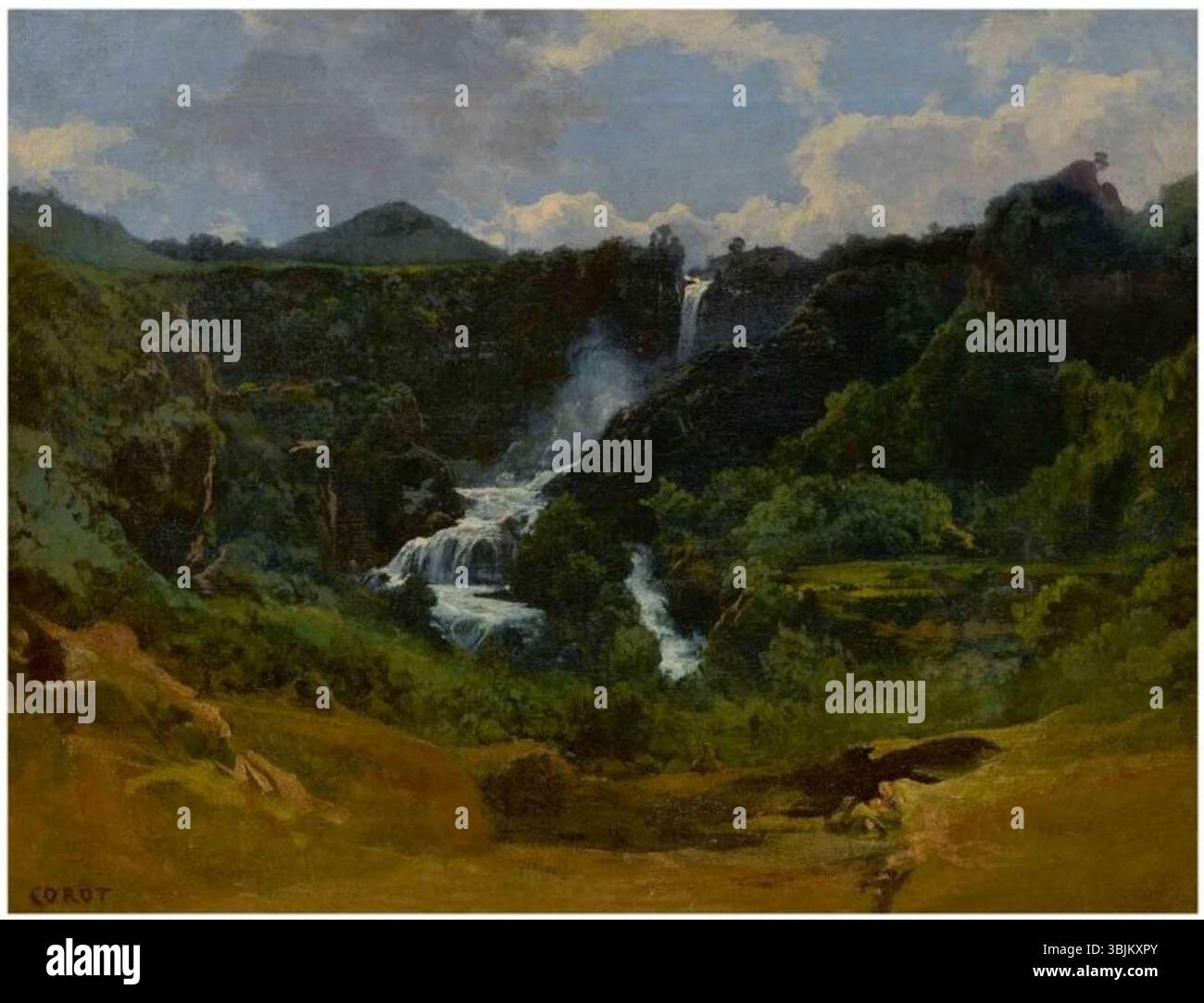 "La Cascade de Terni" di Jean-Baptiste Camille Corot raffigura la famosa cascata vicino a Terni in Italia. Il dipinto ad olio cattura il suggestivo flusso d'acqua, con vegetazione lussureggiante che circonda la cascata, esemplificando il romantico stile paesaggistico di Corot. Foto Stock
