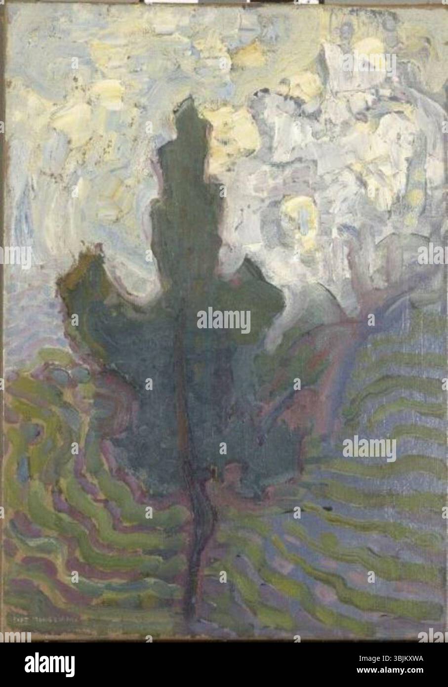 La "Single Tree silhouette" di Piet Mondrian (1908) è un olio su tela che mostra un albero solitario in piedi su uno sfondo di cielo. Il pezzo si concentra sulla forma e la silhouette, riflettendo l'interesse di Mondrian per le forme e i motivi naturali. Foto Stock