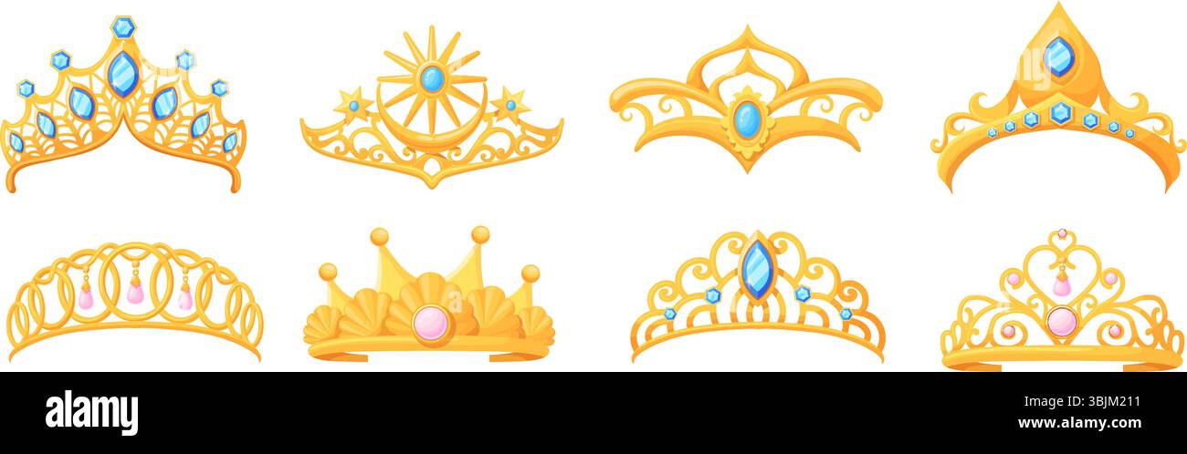 Tiara dei cartoni animati. Diadema in oro Principessa con diamante, corona d'oro regina, tiaras, gioielli femminili, accessorio per nozze, gioiello corona reale reale reale, diademi, illustrazioni vettoriali ordinate, opere d'arte originali Illustrazione Vettoriale