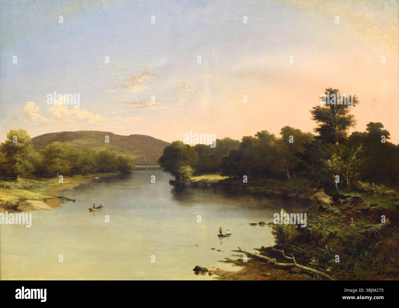"The Approach of Evening" di Walter Mason Oddie, dipinto nel 1853, cattura un paesaggio crepuscolare con toni morbidi e caldi, illustrando il passaggio dal giorno alla notte in olio su tela. Foto Stock