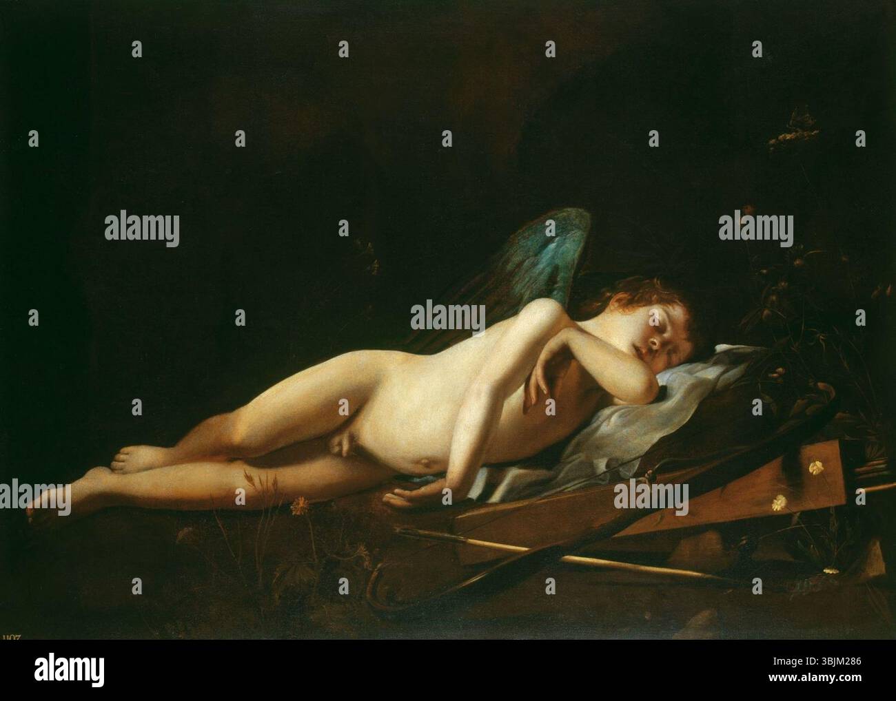 Il *Cupido dormiente* di Giovanni Battista Caracciolo (1618 circa) raffigura la figura mitologica di Cupido in posa tranquilla. L'olio su tela illustra la maestria di Caracciolo nella sensualità e nel realismo barocco. Foto Stock