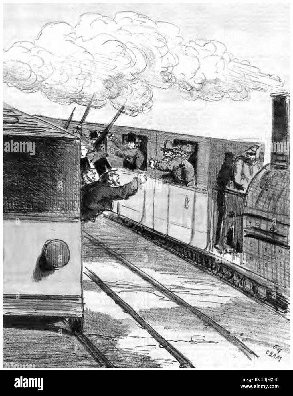 Questa caricatura, creata da Amédée de Noé nel 1877, raffigura umoristicamente gli sconvolgimenti politici durante la crisi di mai. Illustra lo scontro tra due treni di prefetti, riflettendo le tensioni politiche dell'epoca sotto il governo di Albert de Broglie. L'opera fu pubblicata sul quotidiano satirico francese "le Charivari" il 9 giugno 1877. Foto Stock