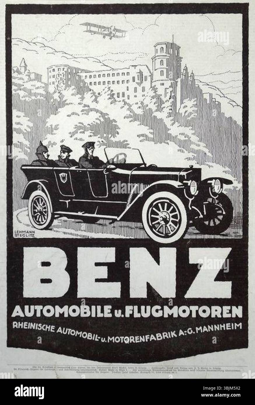 *Benz Automobile e motori aeronautici*, una litografia del 1917 di Martin Lehmann-Steglitz e Walter Lehmann-Steglitz, illustra i progressi tecnologici dell'inizio del XX secolo. La stampa presenta una rappresentazione di automobili e motori aeronautici Benz, evidenziando le innovazioni nell'ingegneria industriale tedesca. Foto Stock