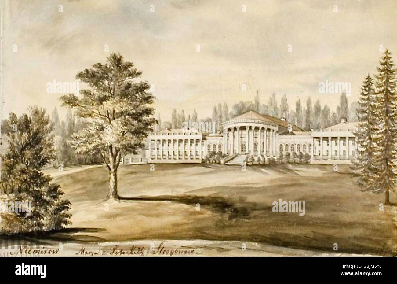L'acquerello di Napoleone Orda del 1874 raffigura il Palazzo Potocki a Nemyriv, in Ucraina, che in precedenza era di proprietà di Zofia Potocka. Il dipinto mostra l'eleganza architettonica del palazzo durante la sua gloria del XIX secolo. Foto Stock